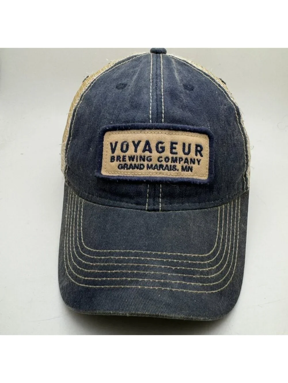 Legacy Voyageur Brewing Co. Trucker Hat Grand Marais MN Navy Blue Tan Mesh Cap